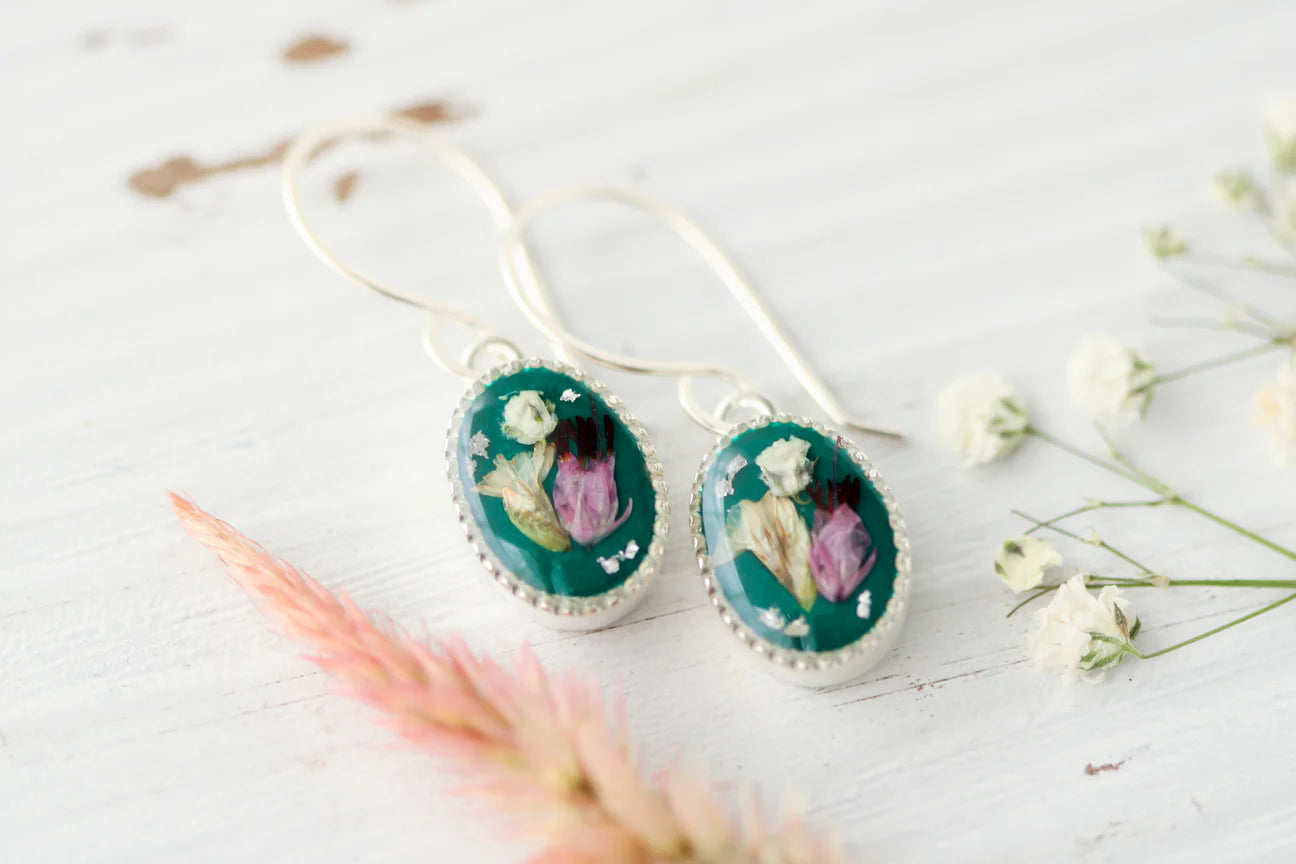 Silver & Dark Green Small Oval Floral Earrings