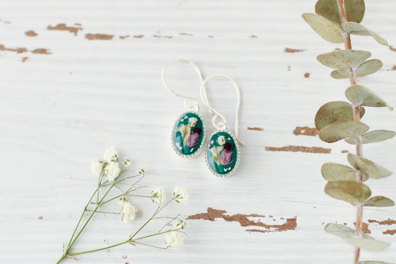 Silver & Dark Green Small Oval Floral Earrings