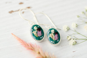 Silver & Dark Green Small Oval Floral Earrings